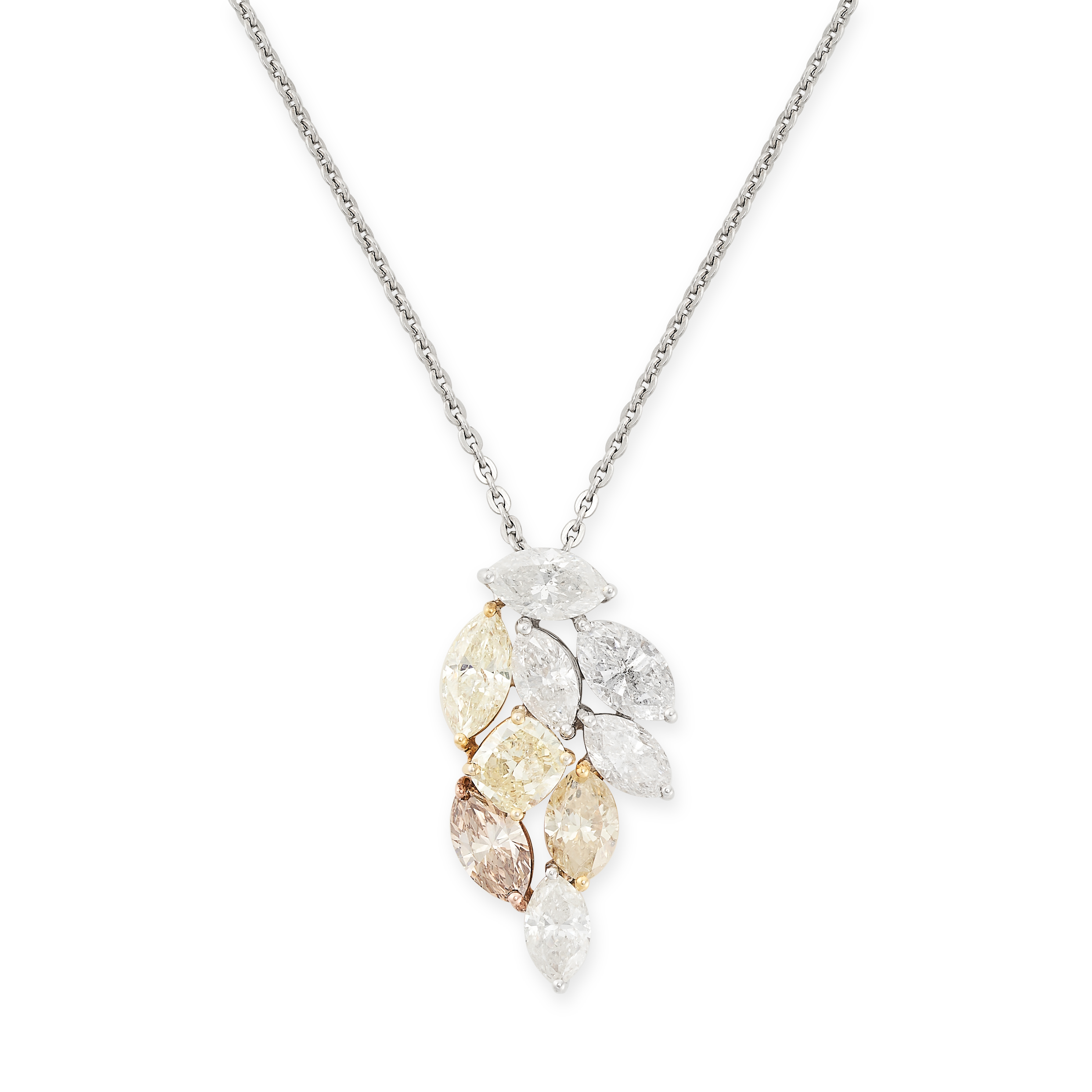 A DIAMOND CLUSTER PENDANT NECKLACE the pendant comprising a cluster of cushion and marquise cut
