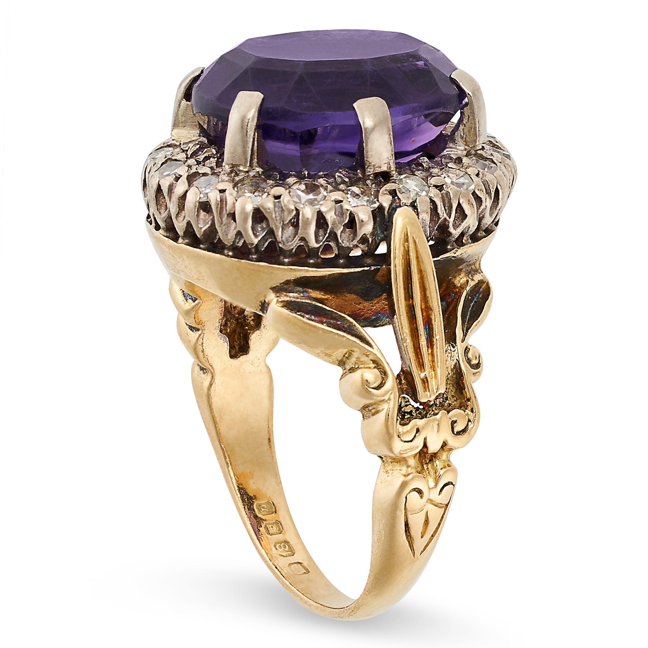 AN AMETHYST AND DIAMOND CLUSTER RING in 18ct yellow gold, set with an oval cut amethyst in a cluster - Image 2 of 2