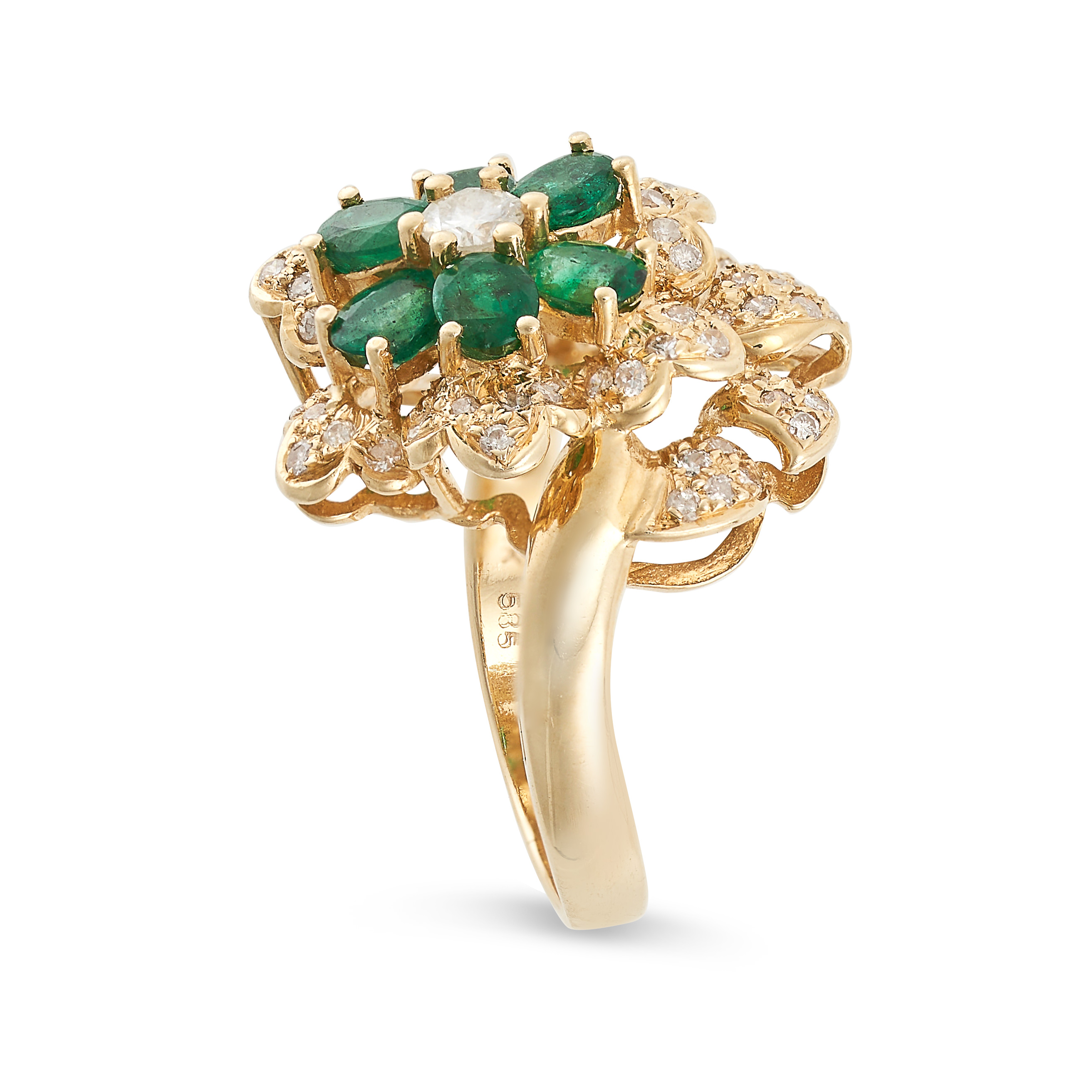 AN EMERALD AND DIAMOND DRESS RING designed as a flower, set with a central round brilliant cut - Image 2 of 2