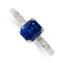 AN UNHEATED SAPPHIRE AND DIAMOND RING set with an octagonal cut sapphire of 1.53 carats, each