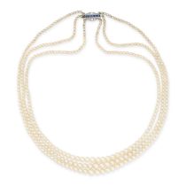 A PEARL, SAPPHIRE AND DIAMOND NECKLACE comprising three rows of graduated pearls ranging from 2.