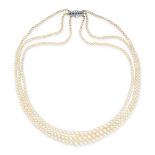 A PEARL, SAPPHIRE AND DIAMOND NECKLACE comprising three rows of graduated pearls ranging from 2.