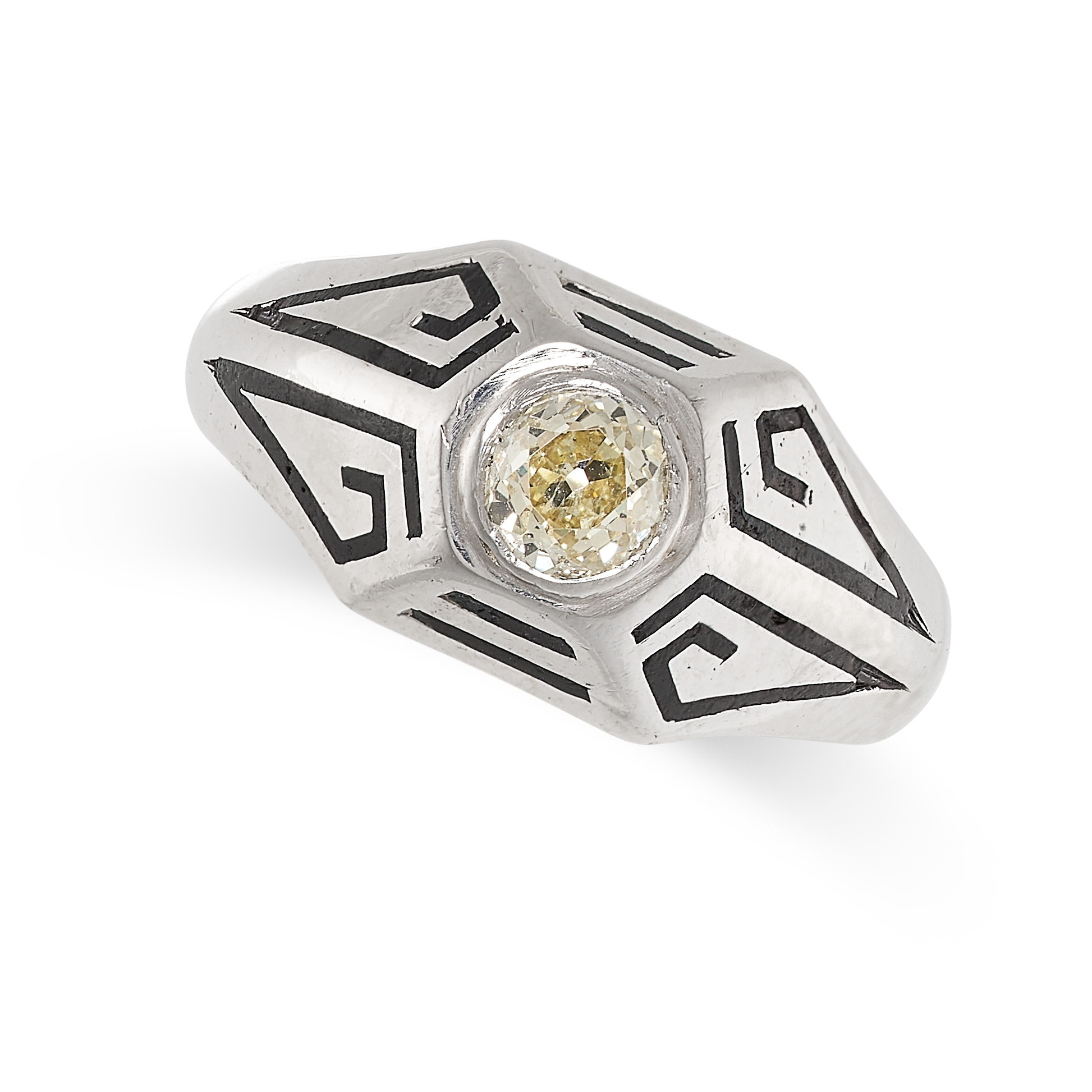 A DIAMOND AND ENAMEL DRESS RING set with an old cut diamond of 0.27 carats, accented by geometric