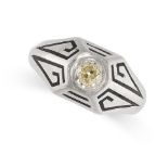 A DIAMOND AND ENAMEL DRESS RING set with an old cut diamond of 0.27 carats, accented by geometric