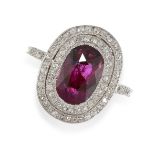 AN ART DECO UNHEATED RUBY AND DIAMOND RING in platinum, set with a cushion cut ruby of 3.56 carats