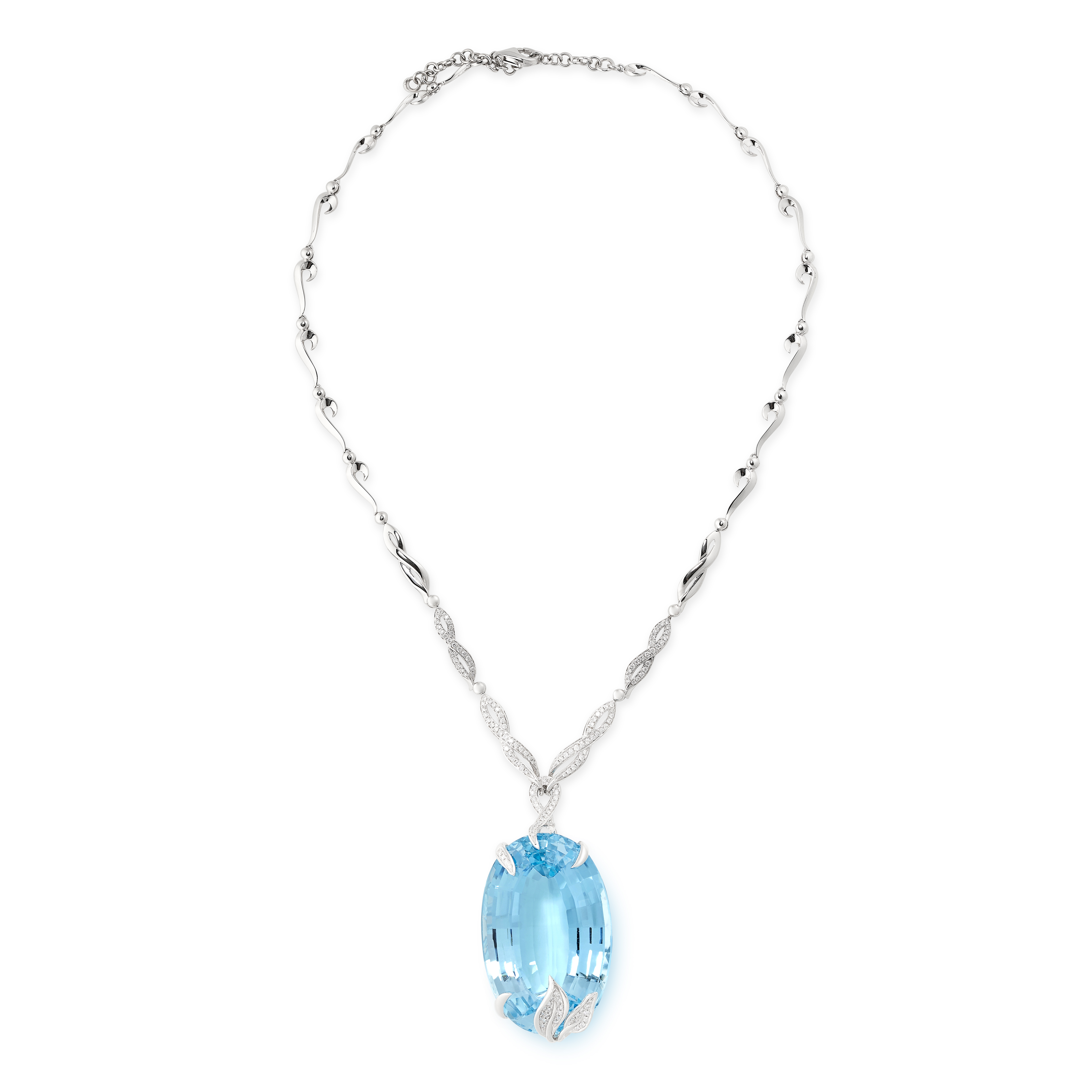 AN AQUAMARINE AND DIAMOND NECKLACE comprising an oval cut aquamarine of 221.01 carats in a foliate - Image 2 of 2
