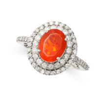 A FIRE OPAL AND DIAMOND RING set with an oval cut fire opal of 1.33 carats in a double border of