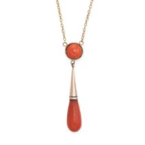 A CORAL PENDANT NECKLACE the pendant set with a cabochon coral and polished coral drop, suspended