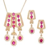 A RUBY AND DIAMOND PENDANT NECKLACE AND EARRINGS SUITE the diamond pendant set with round