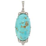 AN ANTIQUE TURQUOISE AND DIAMOND PENDANT set with an elongated turquoise cabochon of 40.40 carats,