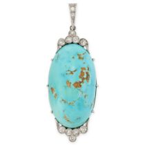 AN ANTIQUE TURQUOISE AND DIAMOND PENDANT set with an elongated turquoise cabochon of 40.40 carats,