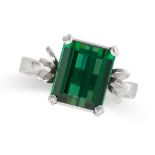 A GREEN TOURMALINE RING in 18ct white gold, set with an emerald cut green tourmaline of 3.50 carats,
