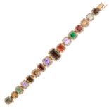 A VINTAGE GEMSET BRACELET in yellow gold, set with a row of graduated step cut garnets, amethysts,