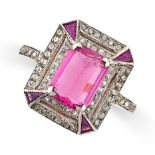 A PINK TOURMALINE, RUBY AND DIAMOND RING set with an emerald cut pink tourmaline in a border of rose