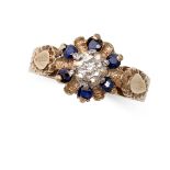 A SAPPHIRE AND DIAMOND CLUSTER RING in 9ct yellow gold, set with a round brilliant cut diamond in