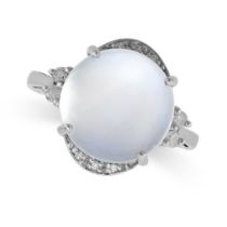 A MOONSTONE AND DIAMOND RING in 9ct white gold, set with a round cabochon star moonstone, accented