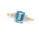 A BLUE TOPAZ AND DIAMOND RING in 18ct yellow gold, set with an emerald cut blue topaz, the stepped