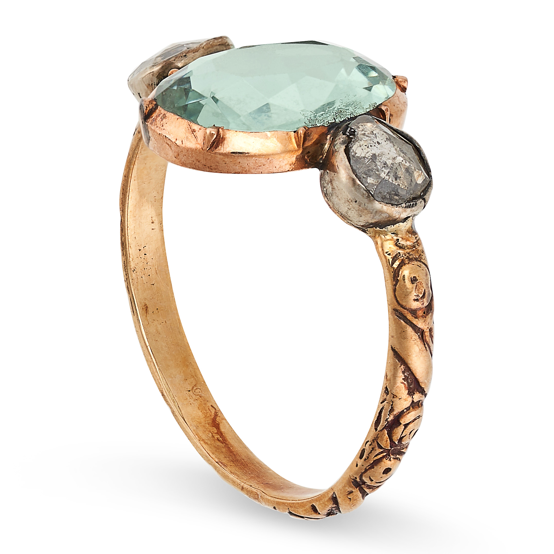 AN ANTIQUE AQUAMARINE AND DIAMOND THREE STONE RING in yellow gold and silver, set with an oval cut - Image 2 of 2