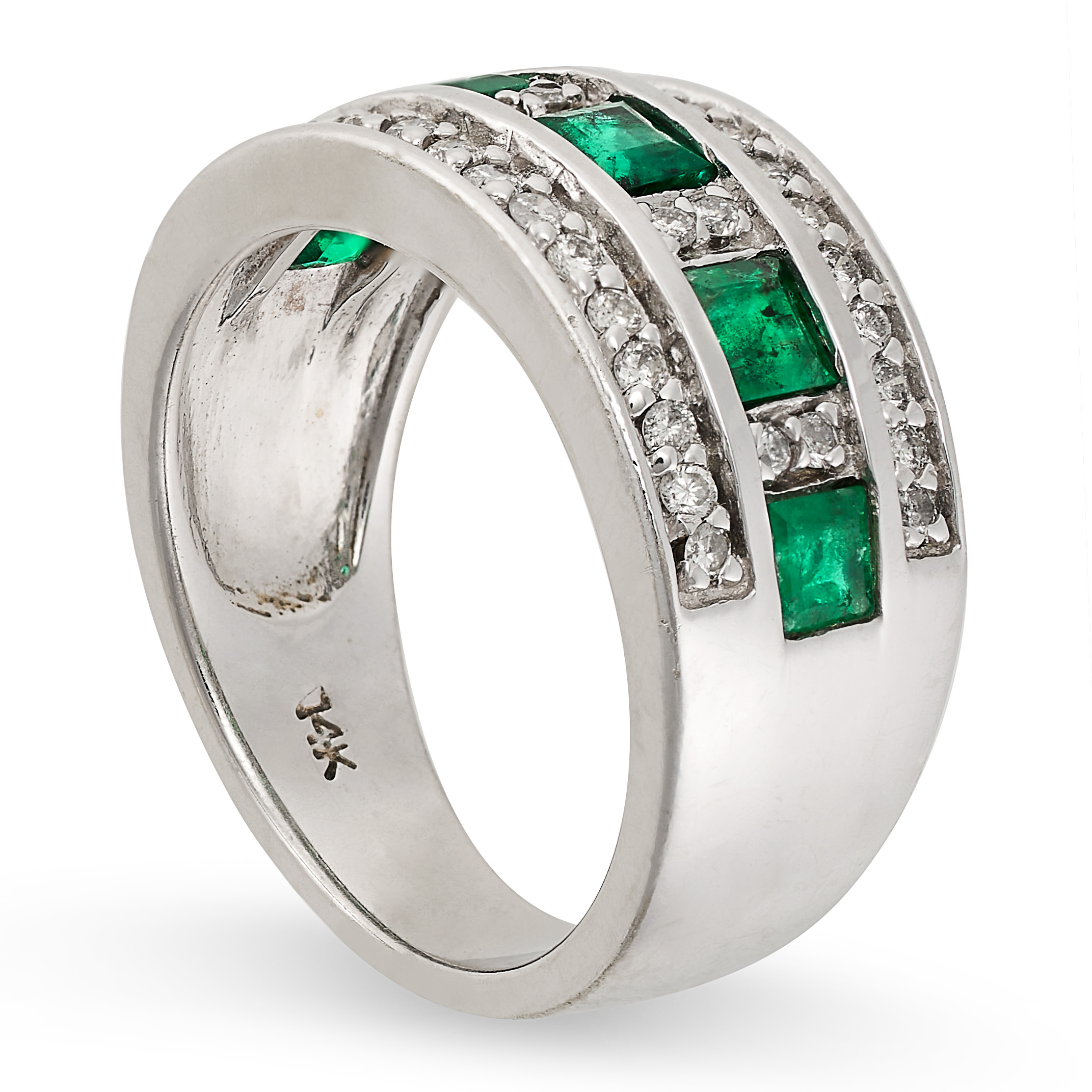 AN EMERALD AND DIAMOND RING set with a row of step cut emeralds, punctuated by pairs of round - Image 2 of 2