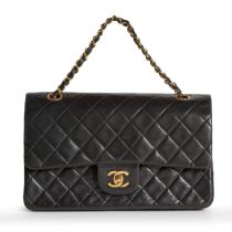 CHANEL, A VINTAGE BLACK QUILTED LAMB LEATHER 10" DOUBLE FLAP BAG quilted lamb leather, gold tone