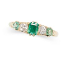 A VINTAGE EMERALD AND DIAMOND RING set with three step cut emeralds, accented by old cut diamonds,