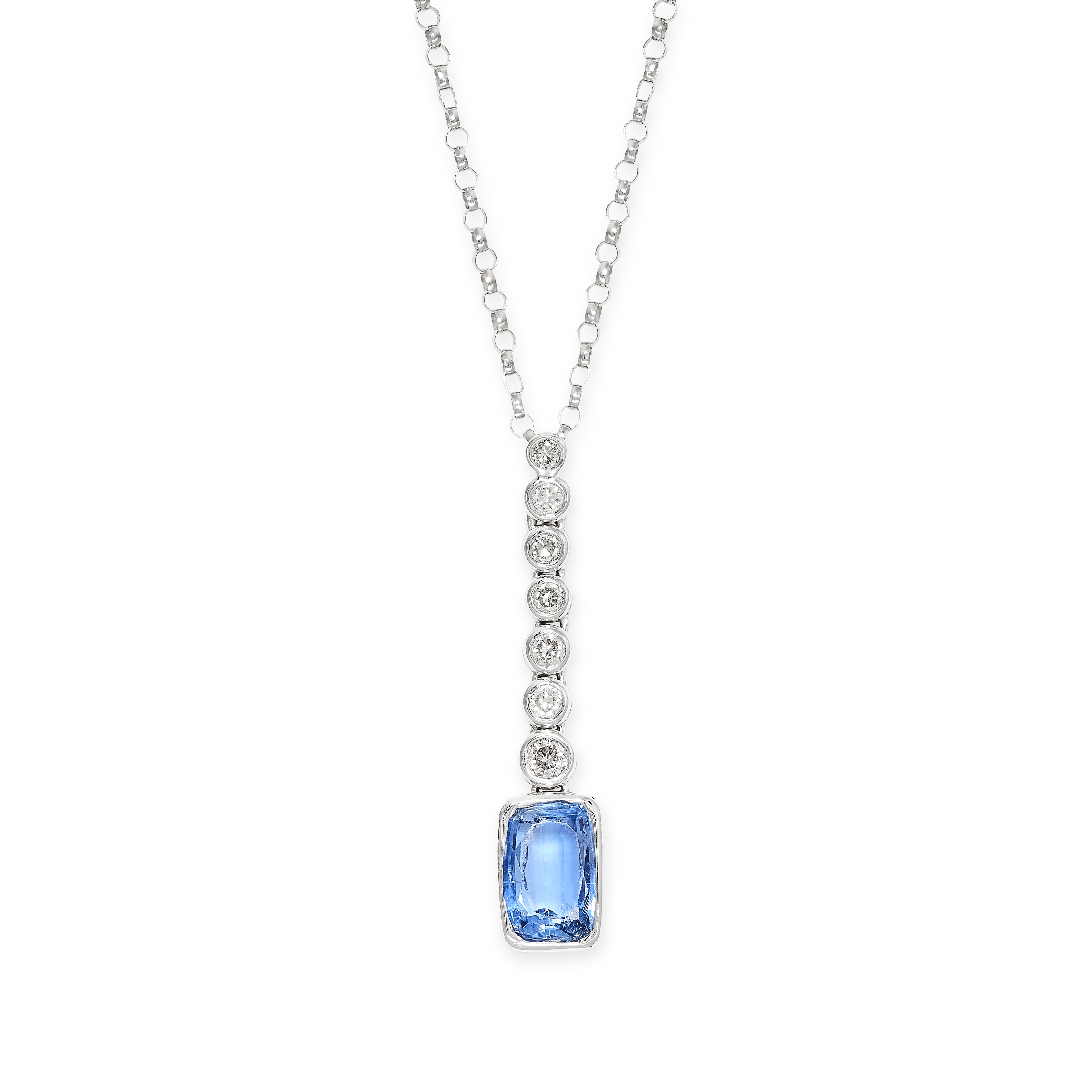 A SAPPHIRE AND DIAMOND NECKLACE in 18ct and 9ct white gold, the pendant set with a row of round