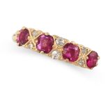 A SYNTHETIC RUBY AND DIAMOND RING set with five cushion cut synthetic rubies, punctuated by pairs of