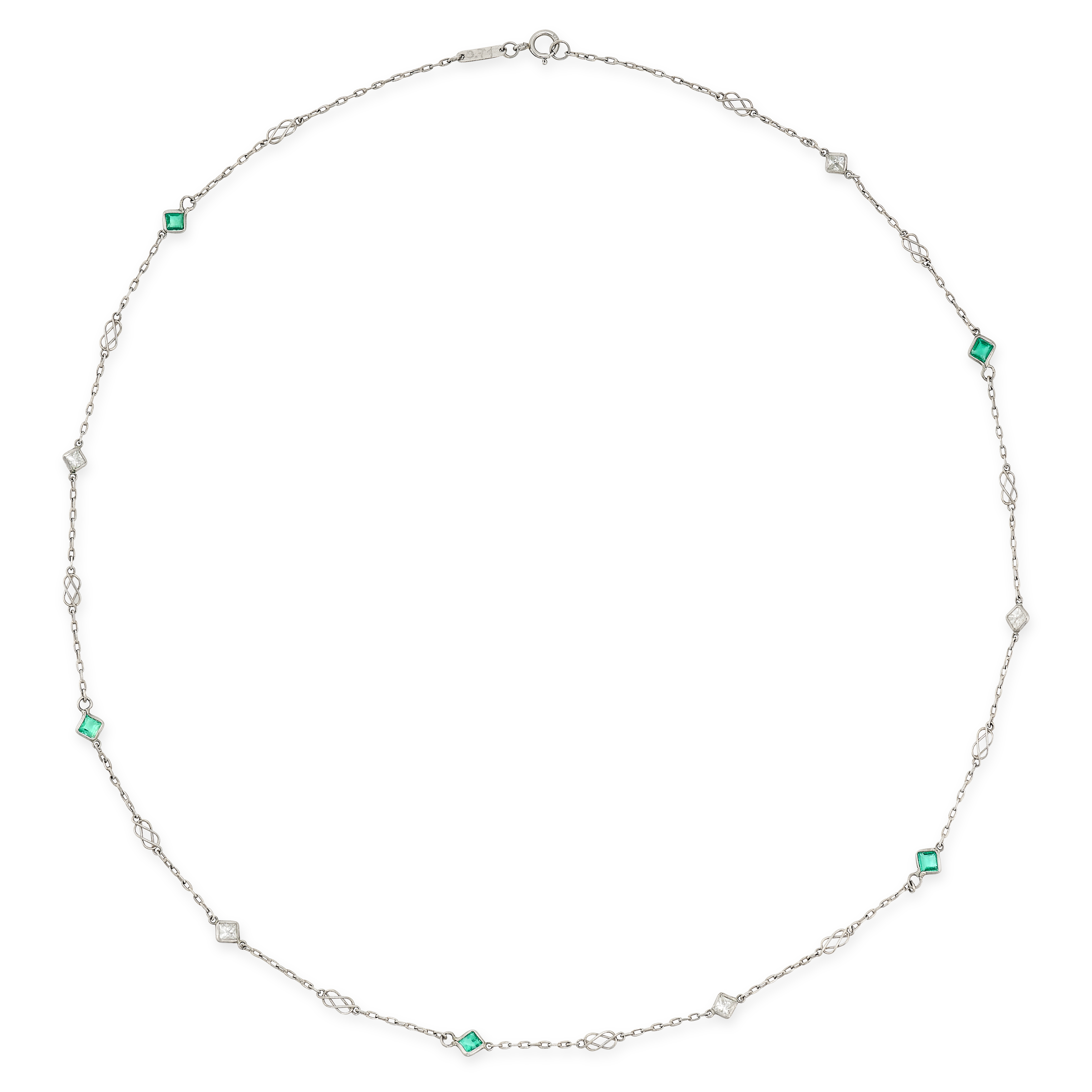 AN EMERALD AND DIAMOND CHAIN NECKLACE in platinum, set with alternating princess cut diamonds,