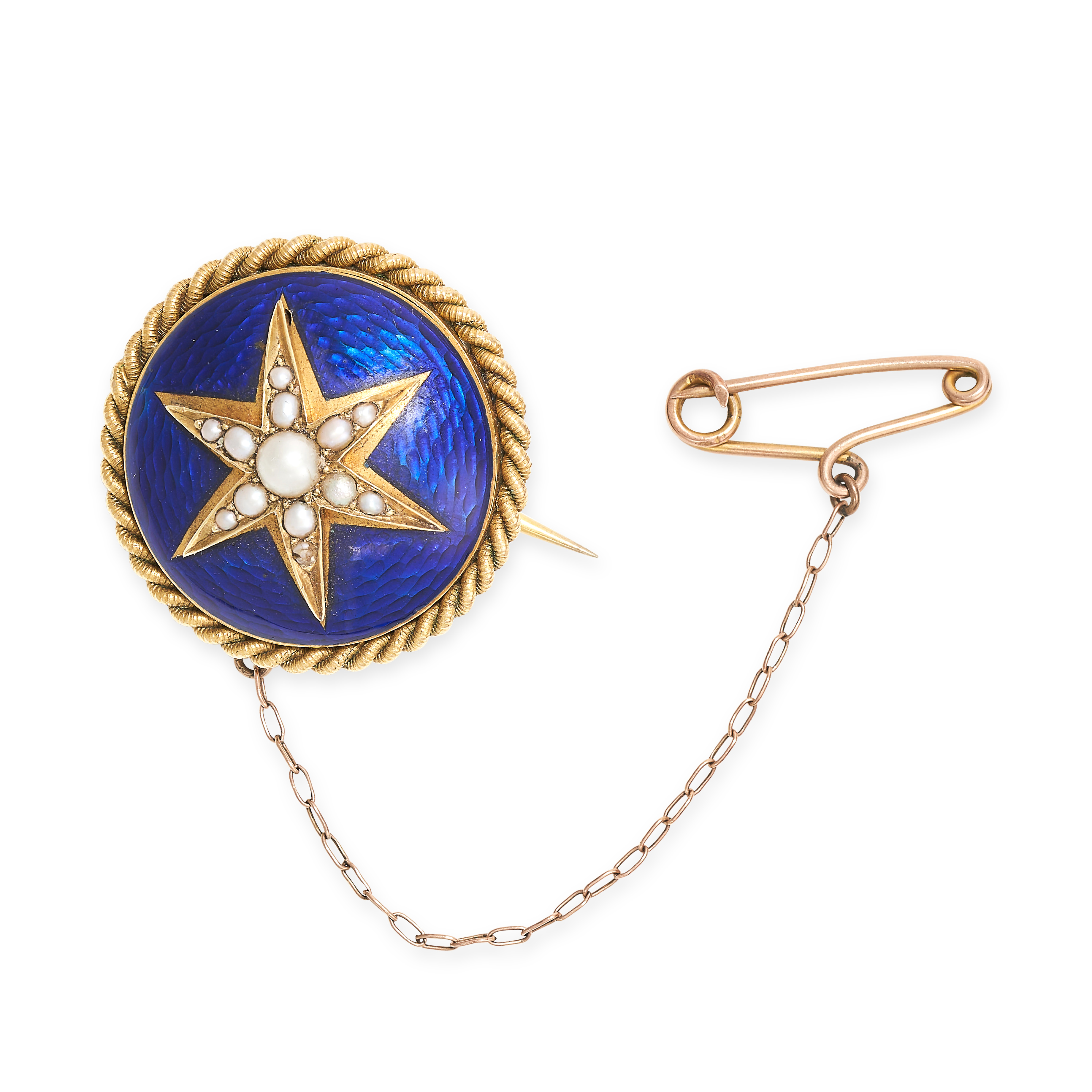 AN ANTIQUE ENAMEL AND PEARL STAR BROOCH in circular design, comprising a pearl set star motif on a