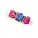 AN AUSTRIAN SAPPHIRE AND RUBY THREE STONE RING in 18ct yellow gold, set with an oval cut sapphire