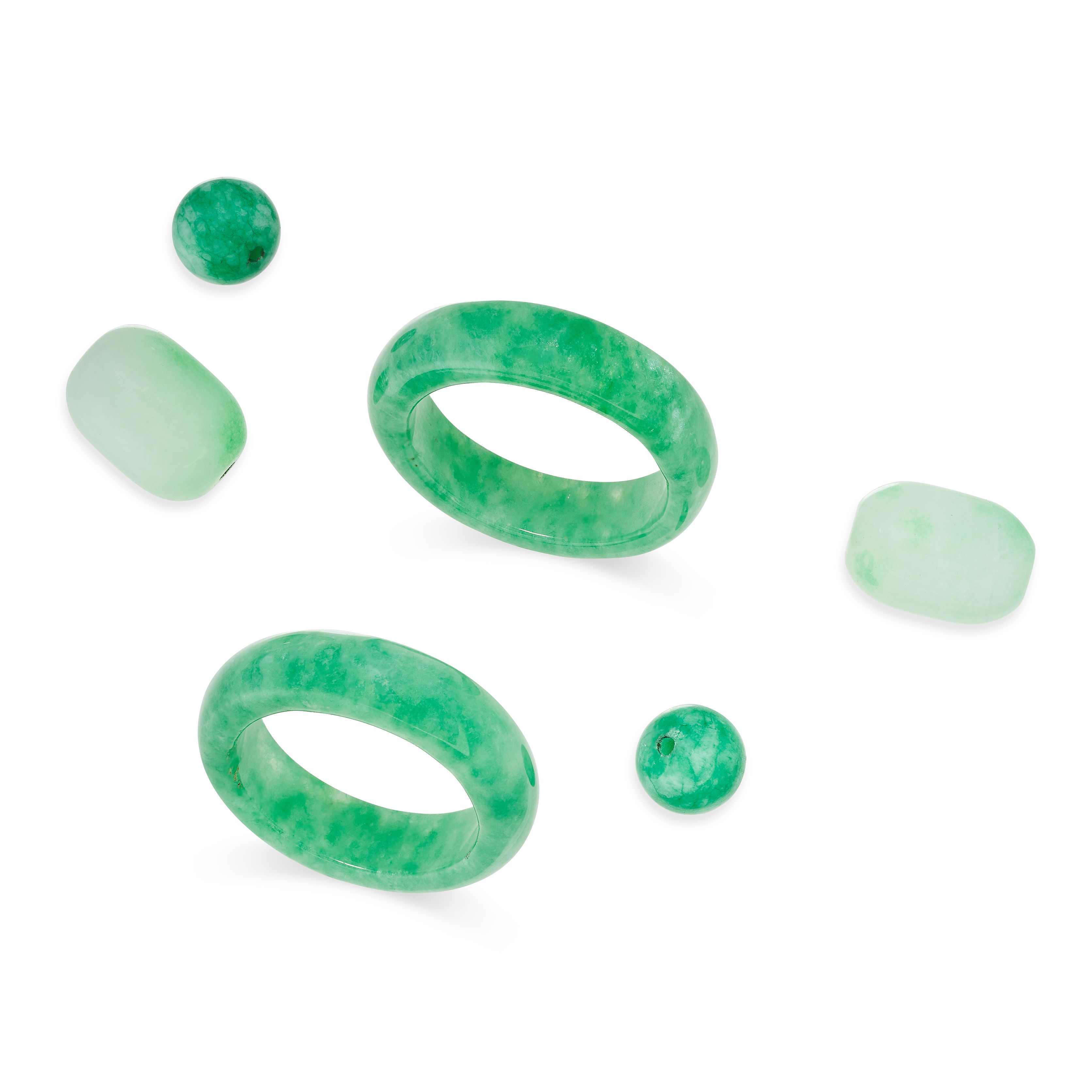 A COLLECTION OF UNMOUNTED JADEITE JADE BEADS comprising four polished beads and two rings, 13.5g