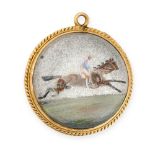 AN ANTIQUE ESSEX CRYSTAL BROOCH set with a circular reverse carved intaglio depicting a jockey
