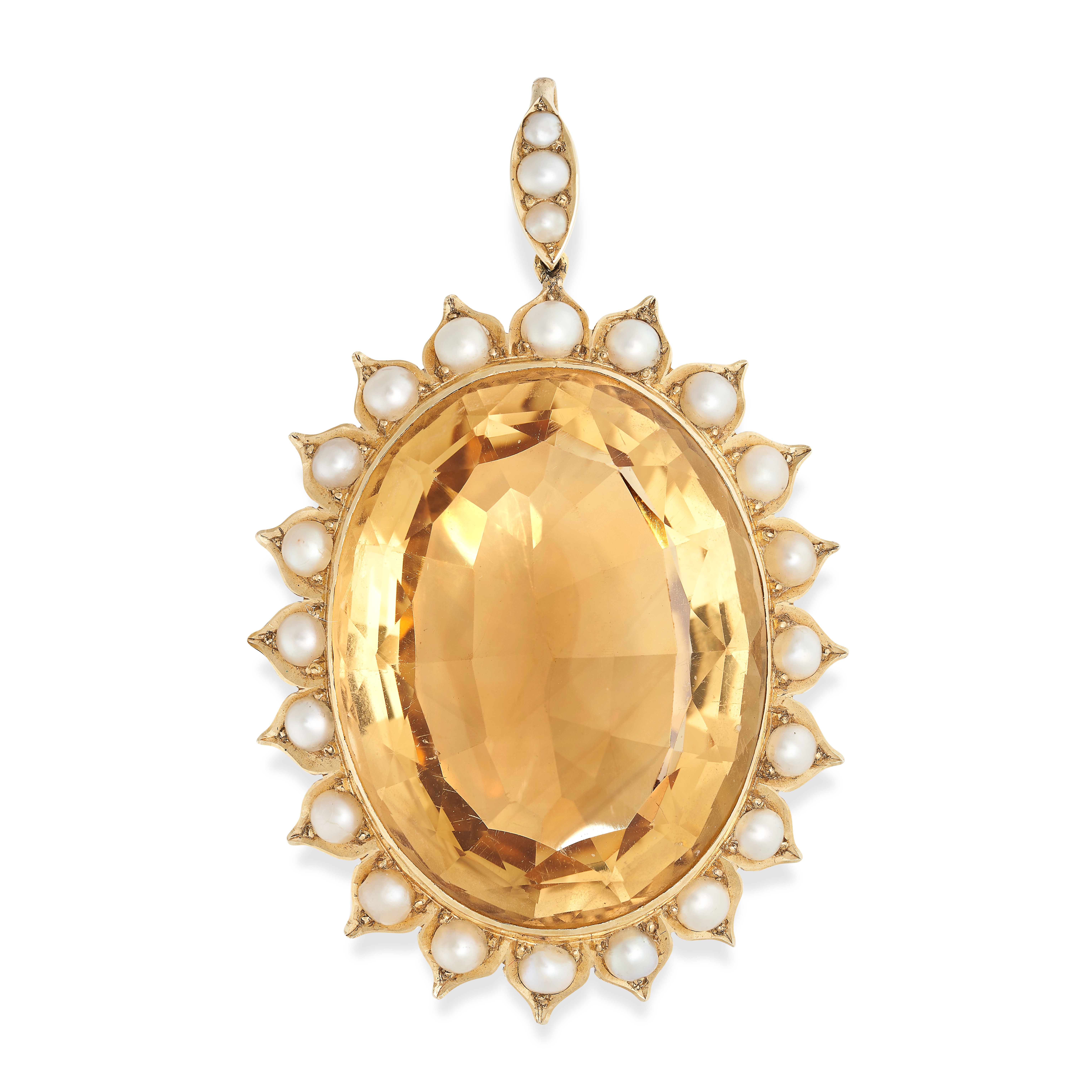AN ANTIQUE CITRINE AND PEARL PENDANT in 15ct yellow gold, set with a large oval cut citrine in a