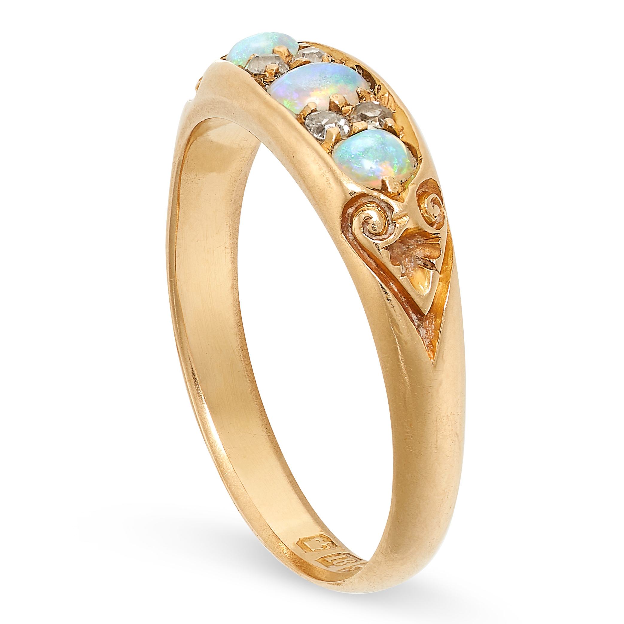 AN ANTIQUE OPAL AND DIAMOND RING in 18ct yellow gold, set with three graduated oval opal - Image 2 of 2