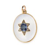 AN ANTIQUE VICTORIAN ROCK CRYSTAL, SAPPHIRE AND DIAMOND MOURNING LOCKET PENDANT in yellow gold,