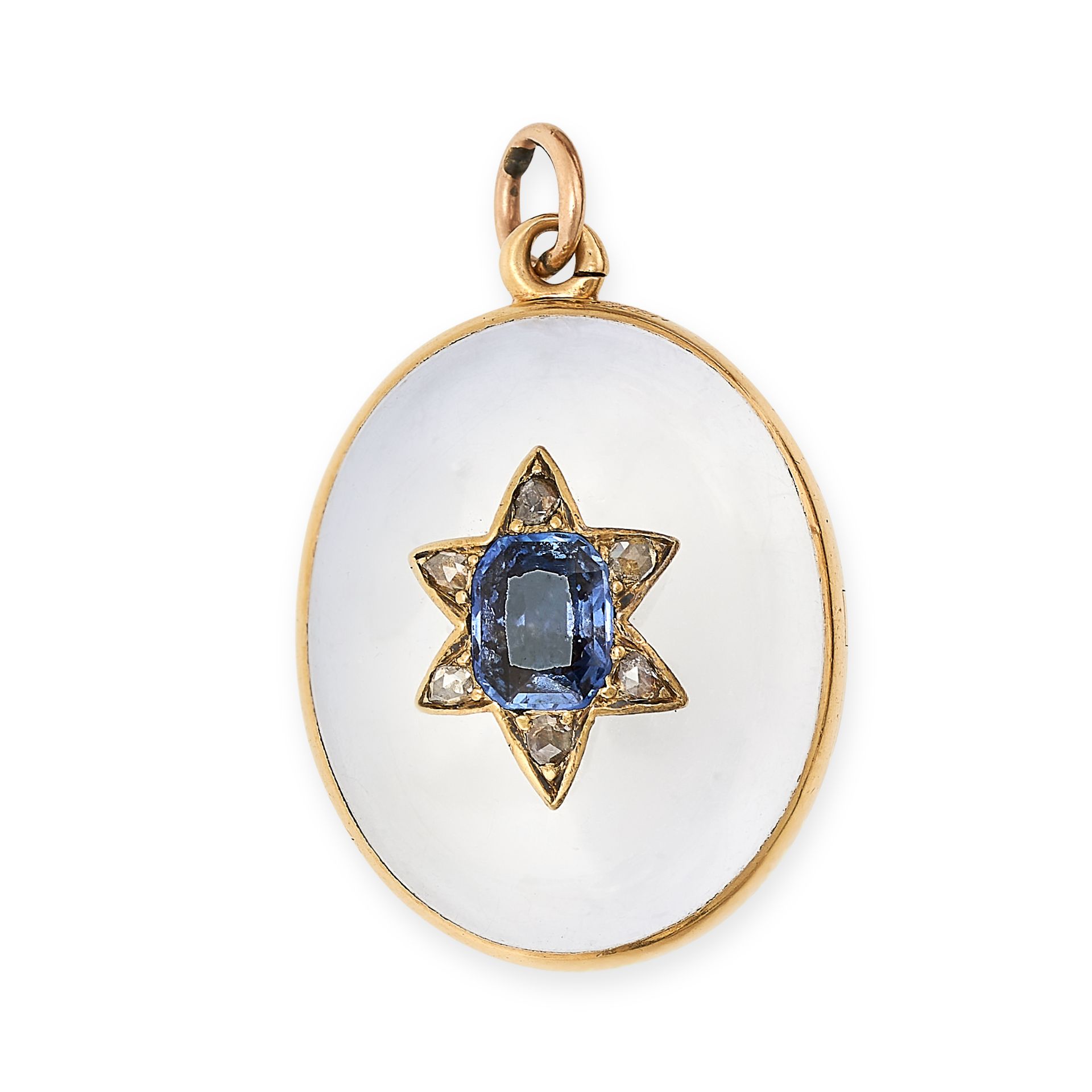 AN ANTIQUE VICTORIAN ROCK CRYSTAL, SAPPHIRE AND DIAMOND MOURNING LOCKET PENDANT in yellow gold,