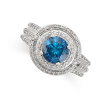A BLUE AND WHITE DIAMOND RING set with an irradiated blue diamond of 1.25 carats, accented by