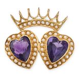 AN AMETHYST AND PEARL SWEETHEART BROOCH set with two heart shaped amethysts in borders of seed