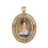 A DIAMOND PORTRAIT MINIATURE BROOCH / PENDANT in 9ct yellow gold, set with a painted portrait