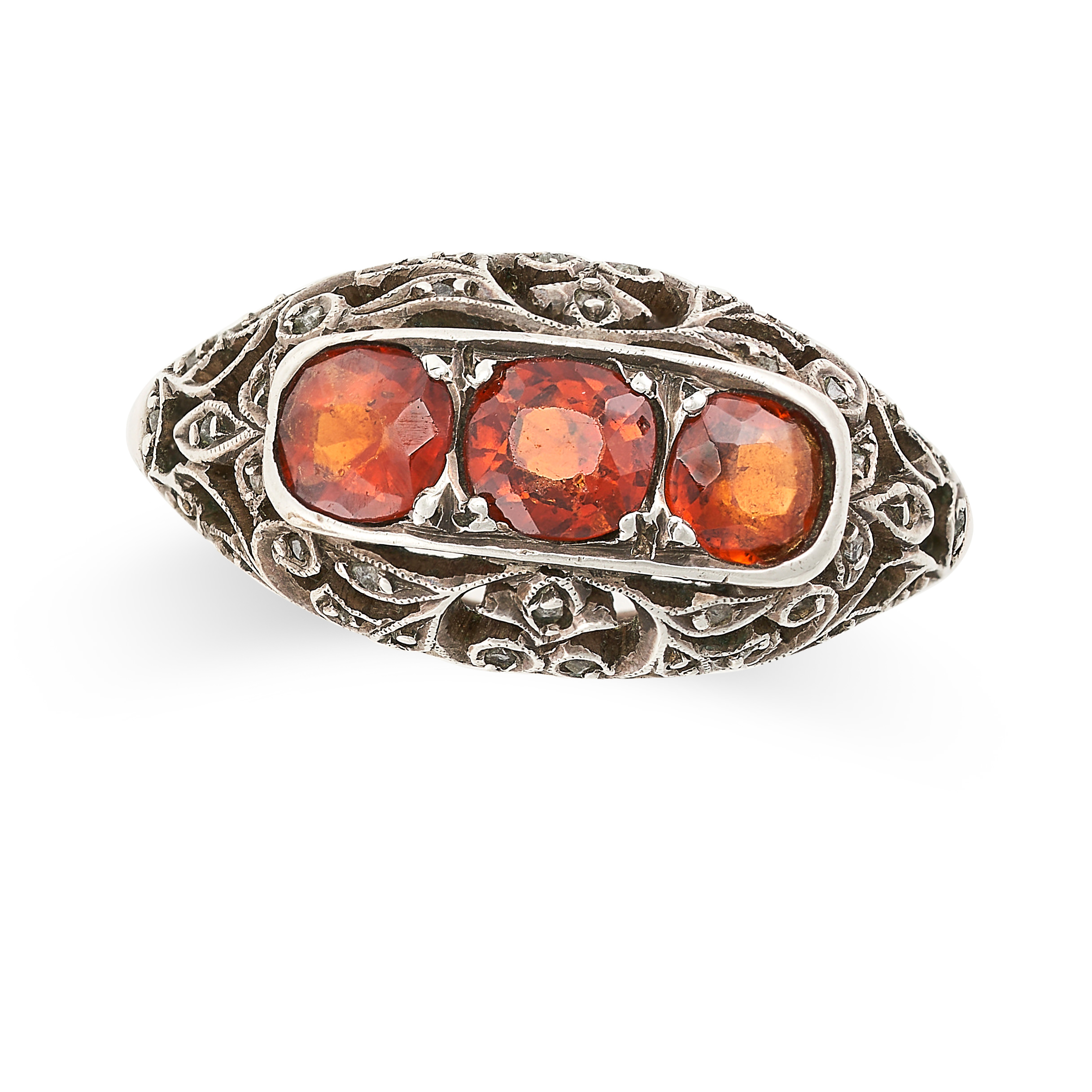 NO RESERVE - AN ORANGE PASTE AND DIAMOND RING set with three round cut orange paste gemstones in a