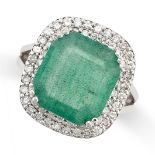 AN EMERALD AND DIAMOND RING set with an octagonal cut emerald, within a double border of round cut