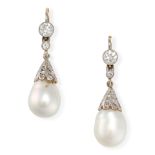 A PAIR OF DIAMOND AND PEARL DROP EARRINGS each set with an old cut diamond suspending a pearl drop
