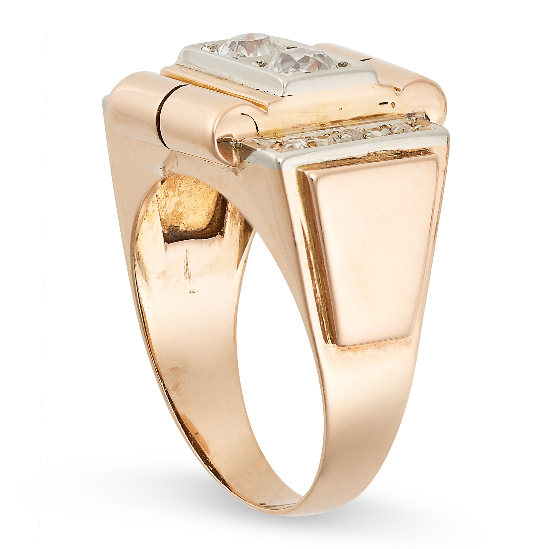 A FRENCH RETRO DIAMOND RING in 18ct yellow gold, the geometric face set with two old cut diamonds, - Image 2 of 2