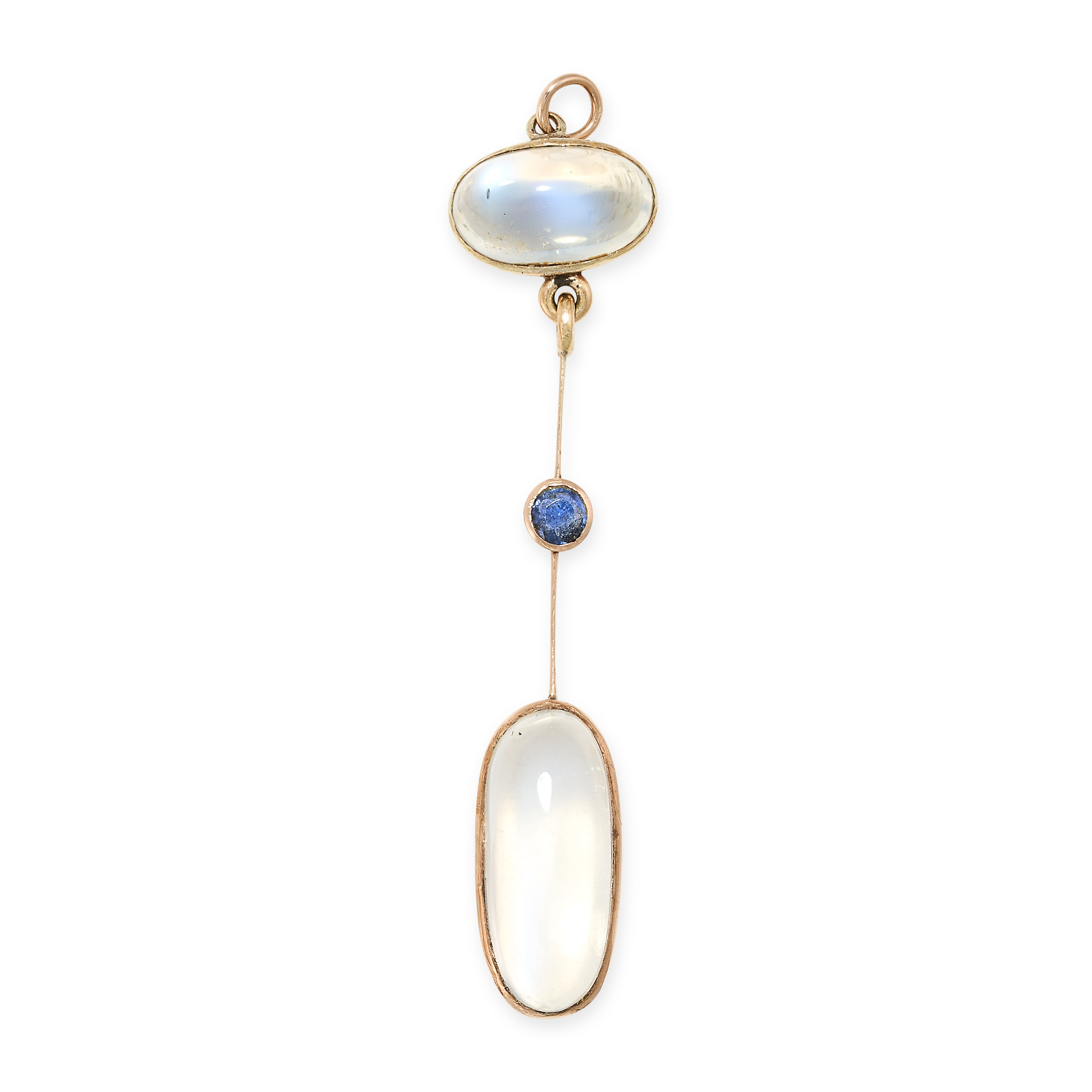 AN ANTIQUE MOONSTONE AND SAPPHIRE PENDANT in yellow gold, set with two cabochon moonstones and a