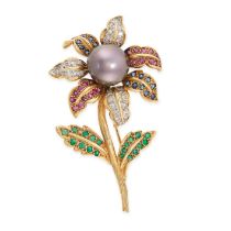 A VINTAGE DIAMOND, PEARL, RUBY AND EMERALD FLOWER BROOCH set with a black pearl of 13.1mm, the