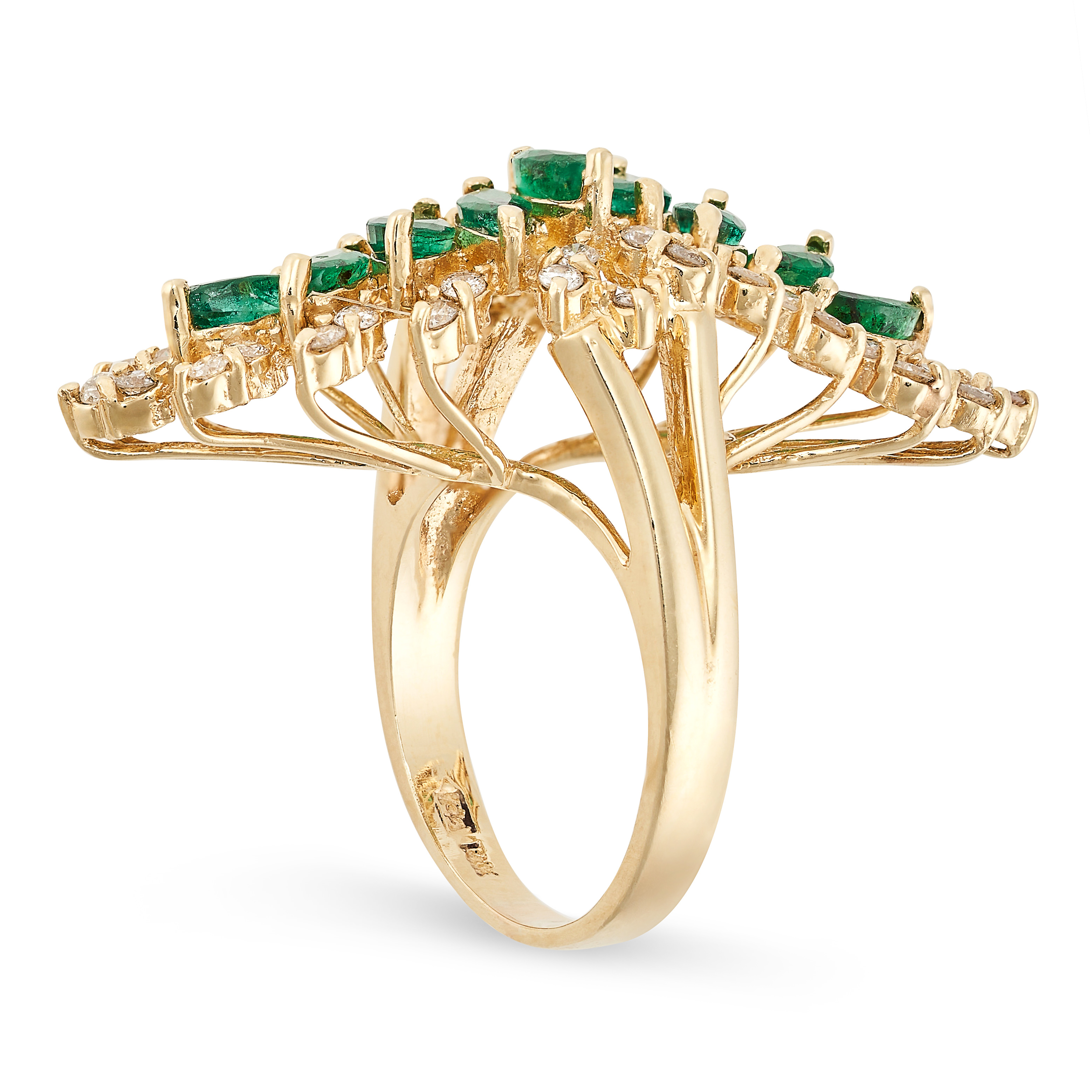 AN EMERALD AND DIAMOND COCKTAIL RING in abstract foliate design, set with a row of marquise cut - Image 2 of 2