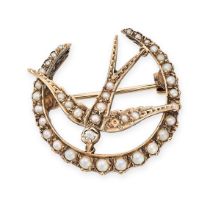 A VINTAGE PEARL CRESCENT MOON BROOCH in 9ct yellow gold, designed as a crescent moon with an applied