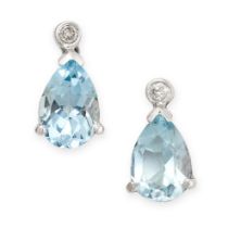 A PAIR OF AQUAMARINE AND DIAMOND EARRINGS each set with a round brilliant cut diamond, suspending