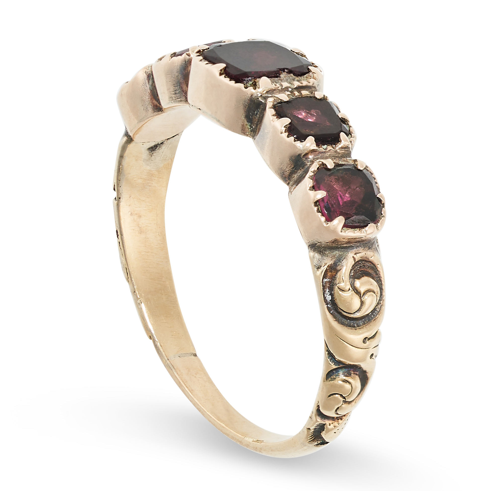 AN ANTIQUE GARNET RING in yellow gold, set with five cushion cut garnets, no assay marks, size L / - Image 2 of 2