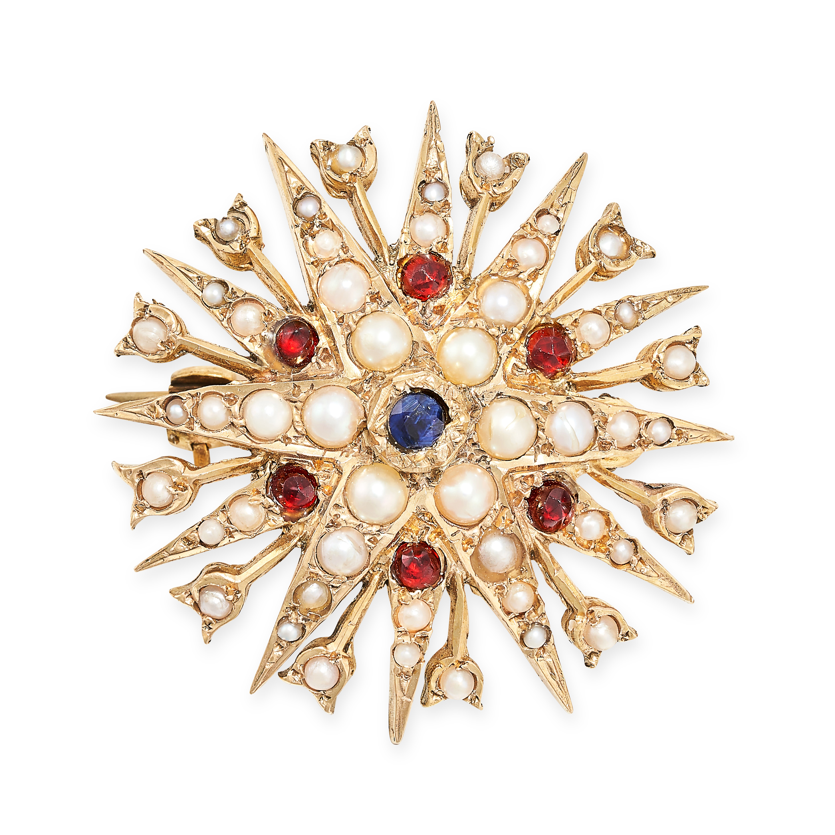 A VINTAGE PEARL, SAPPHIRE AND RED PASTE STAR BROOCH in 9ct yellow gold, designed as a twelve rayed